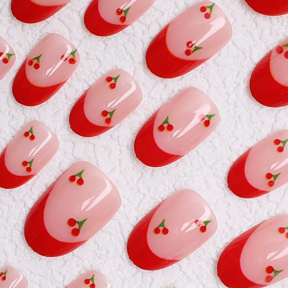 24PCS Red French-Edge Short Oval False Nails With Cherry Design And Reusable Acrylic False Nails Are Suitable For Daily Wear