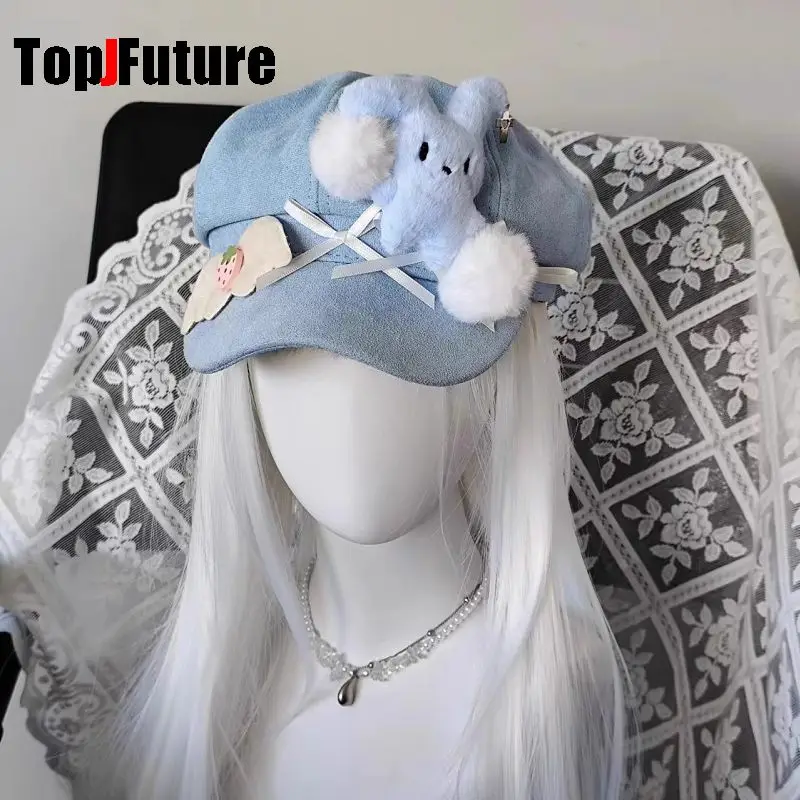 Wholesale Custom Make Customized Women Harajuku Gothic Lolita Beret hat Cap Y2K Girl Plush rabbit Angel wings bow blue Sun hats