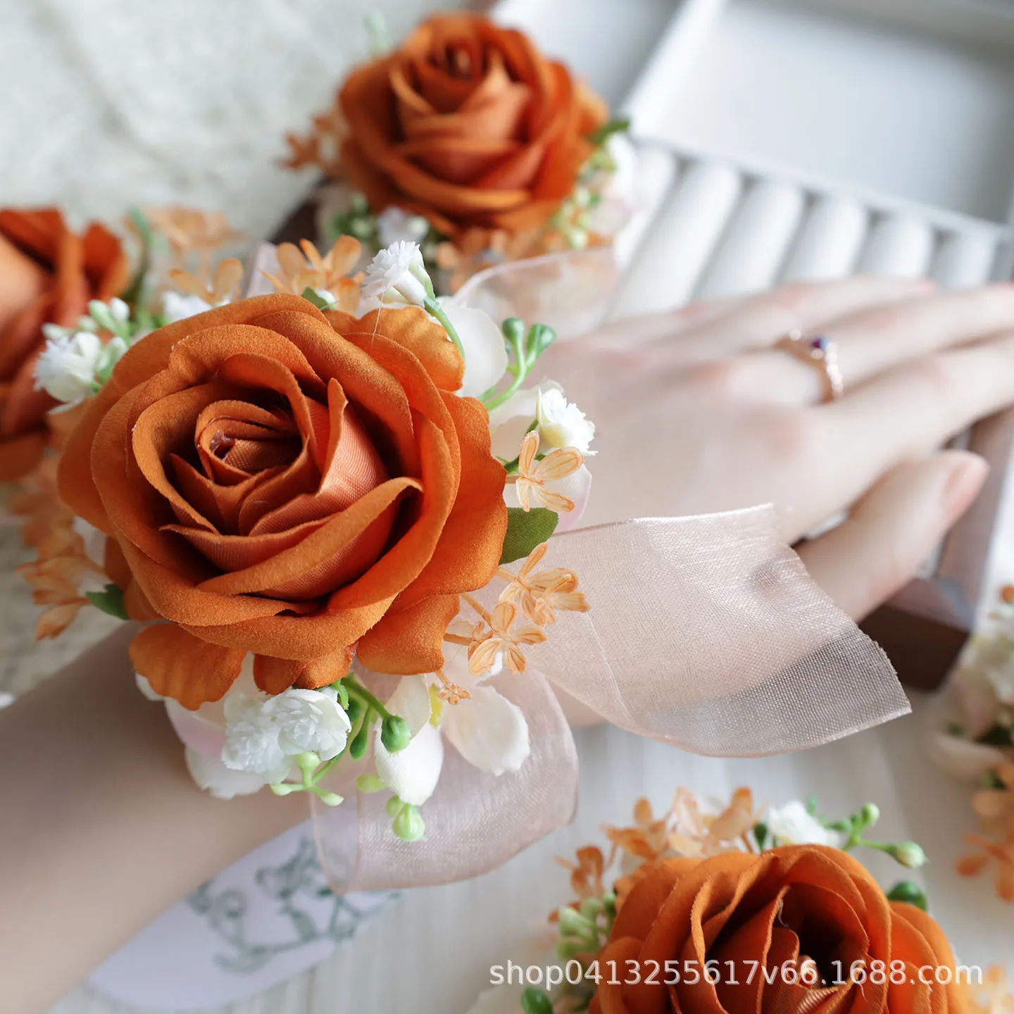 

H0037 Light Orange Rose Wrist Corsage Wristlet Band Bracelet and Men Boutonniere for Wedding Artificial Flower Prom Decorations
