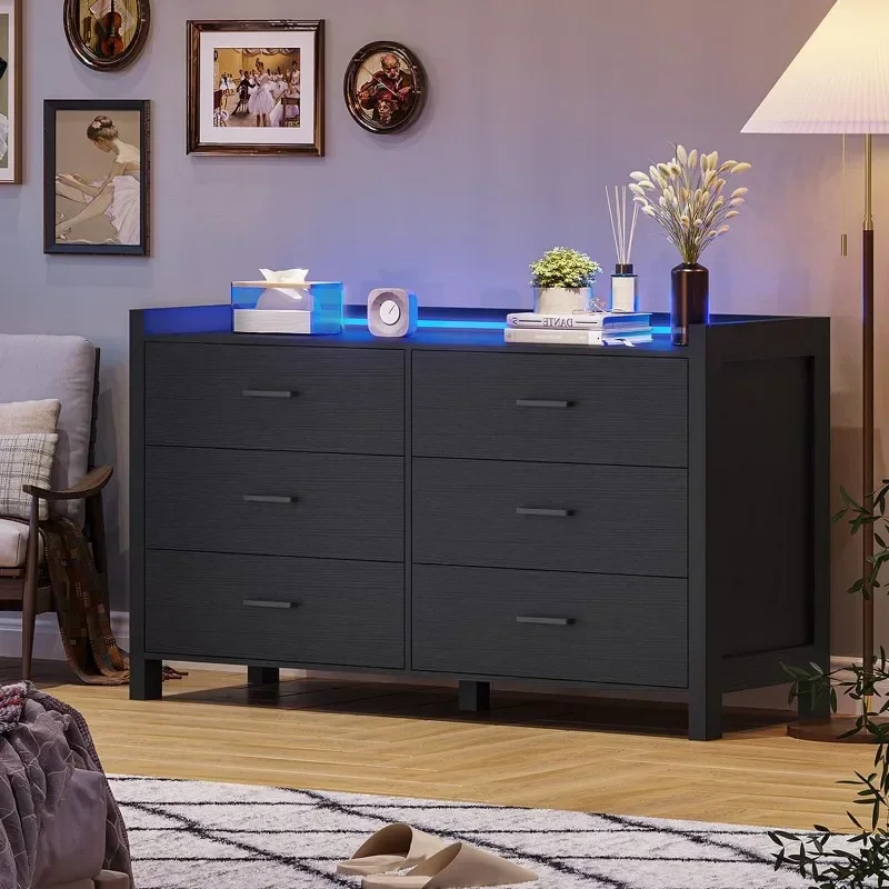 Kommode für Schlafzimmer, Doppel kommode mit 6 Schubladen und LED-Leuchten, Kommode aus Holz, moderner Make-up-Schreibtisch für Schlafzimmer