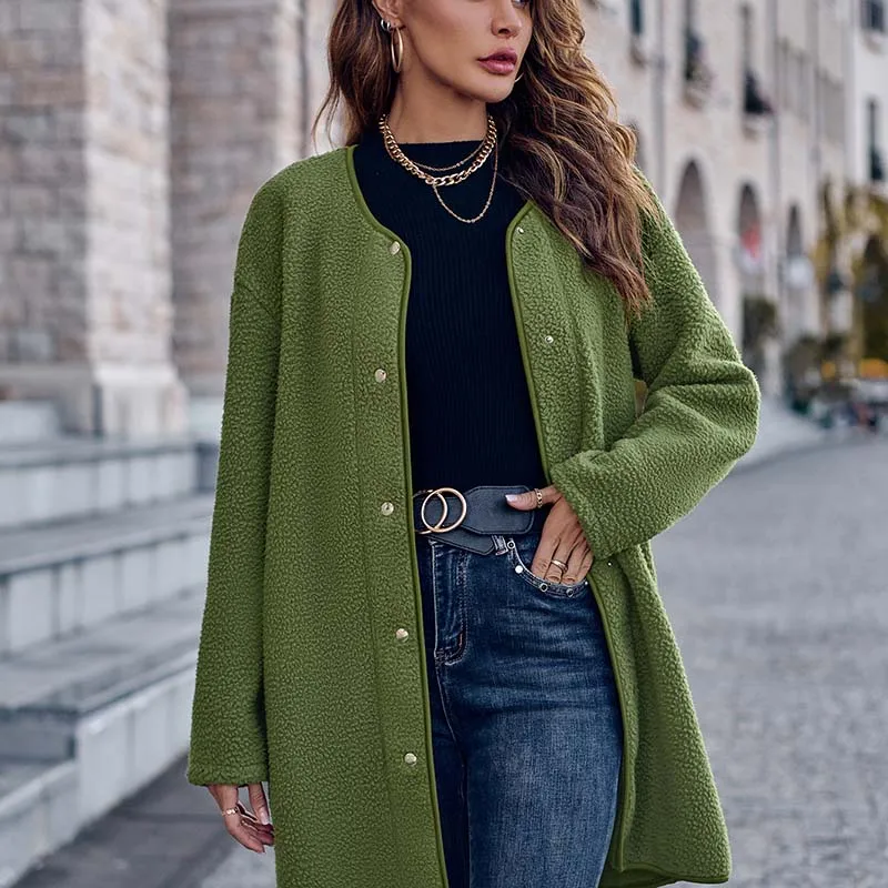 Solid Round Neck Single Breasted Long Sleeve Jacket for Women Spring Autumn 2024 Loose Elegant Office Lady Coat Fashion Jackets