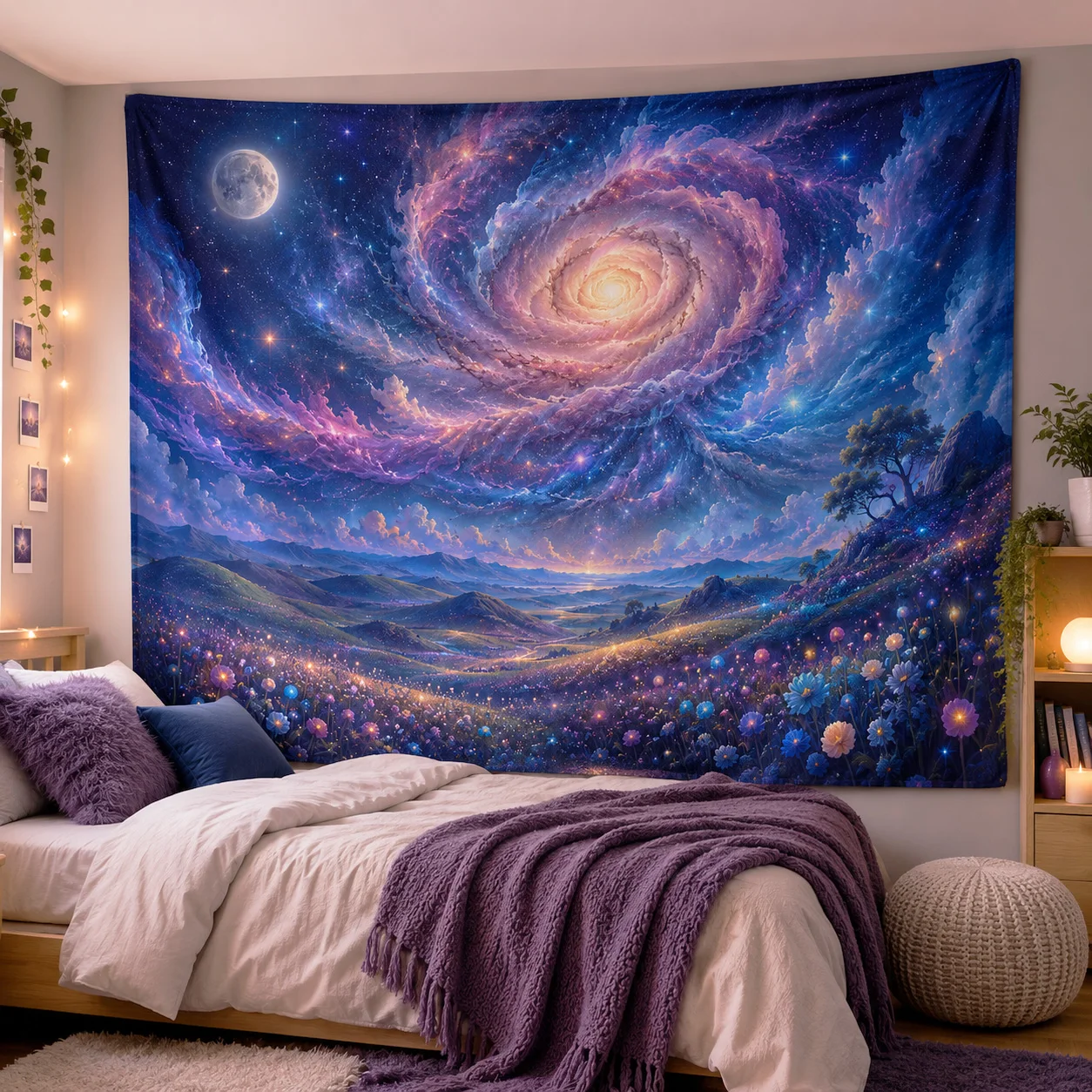 Galaxy Spiral Wall Tapestry Cosmic Starry Sky Nebula Moon Hanging Decor for Dorm Bedroom Gaming Room