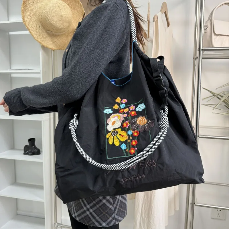 Kawaii Ball Chain Potted Flower Canvas Bag Cartoon Series Foldable Girls' Large Capacity Oxford Shoulder Embroidered Nylon Bag