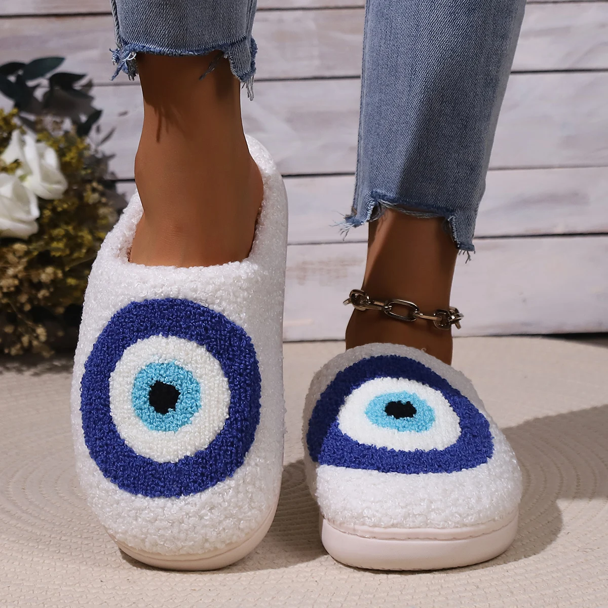 2024 Hot Blue Ege Plush Slippers Women Winter Indoor Warm Lambs Wool Slides Shoes Woman Non Slip Soft Bedroom Cotton Shoes 45