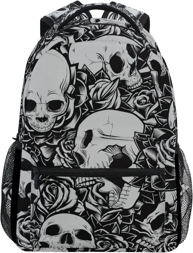 Floral Flower Sugar Skull Black and White Boys Girls School Computer Backpacks Book Bag Travel Hiking Camping Daypack