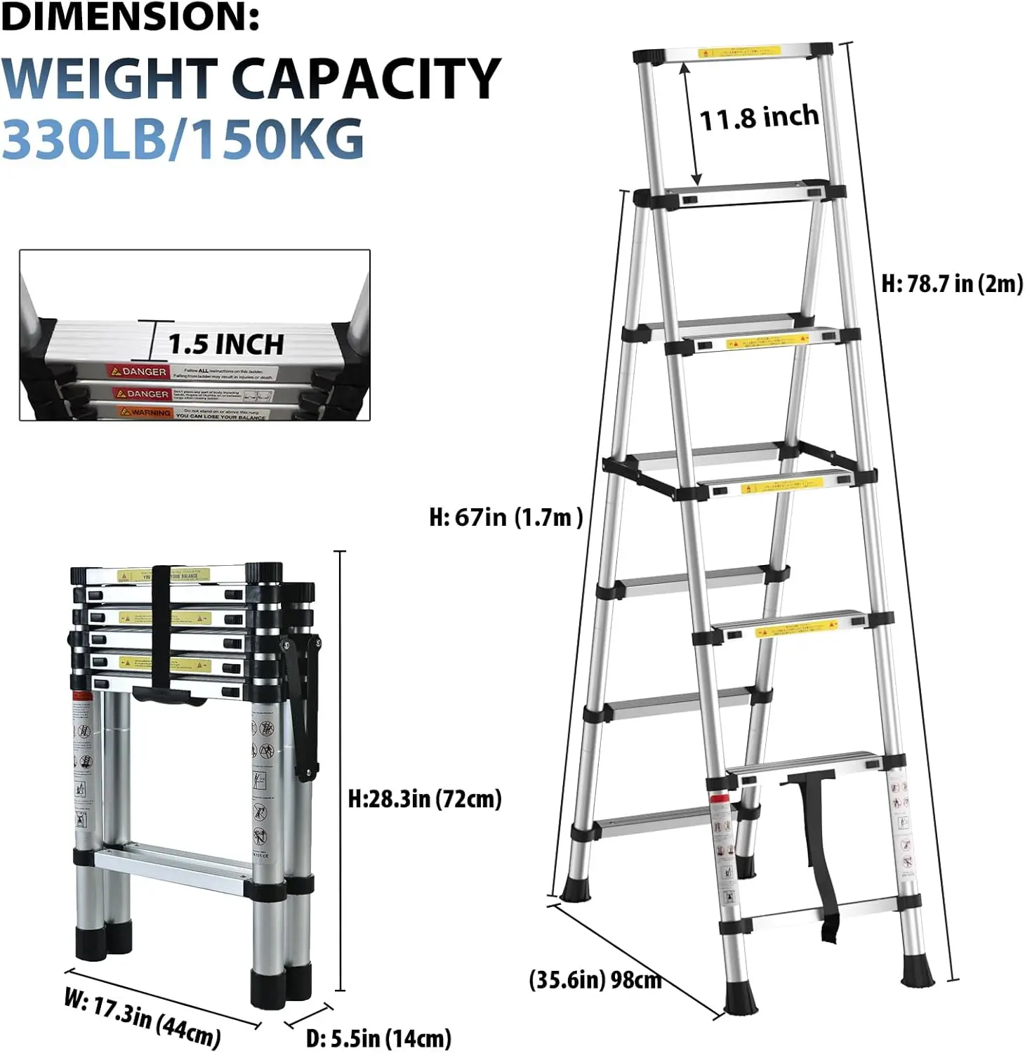 6FT + 7FT Heavy Duty Aluminum Telescoping Extension Ladder Portable Multi-Purpose A-Frame Folding Ladder with Buttons, EN131 Cer