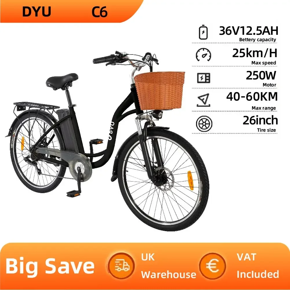 AliExpress NONE DYU C6 Electric Bike for Adults 250W Motor Woman's City Ebike 36V12.5AH Battery Electric Bicycle 26 Inch Tire Commuter E-Bike
