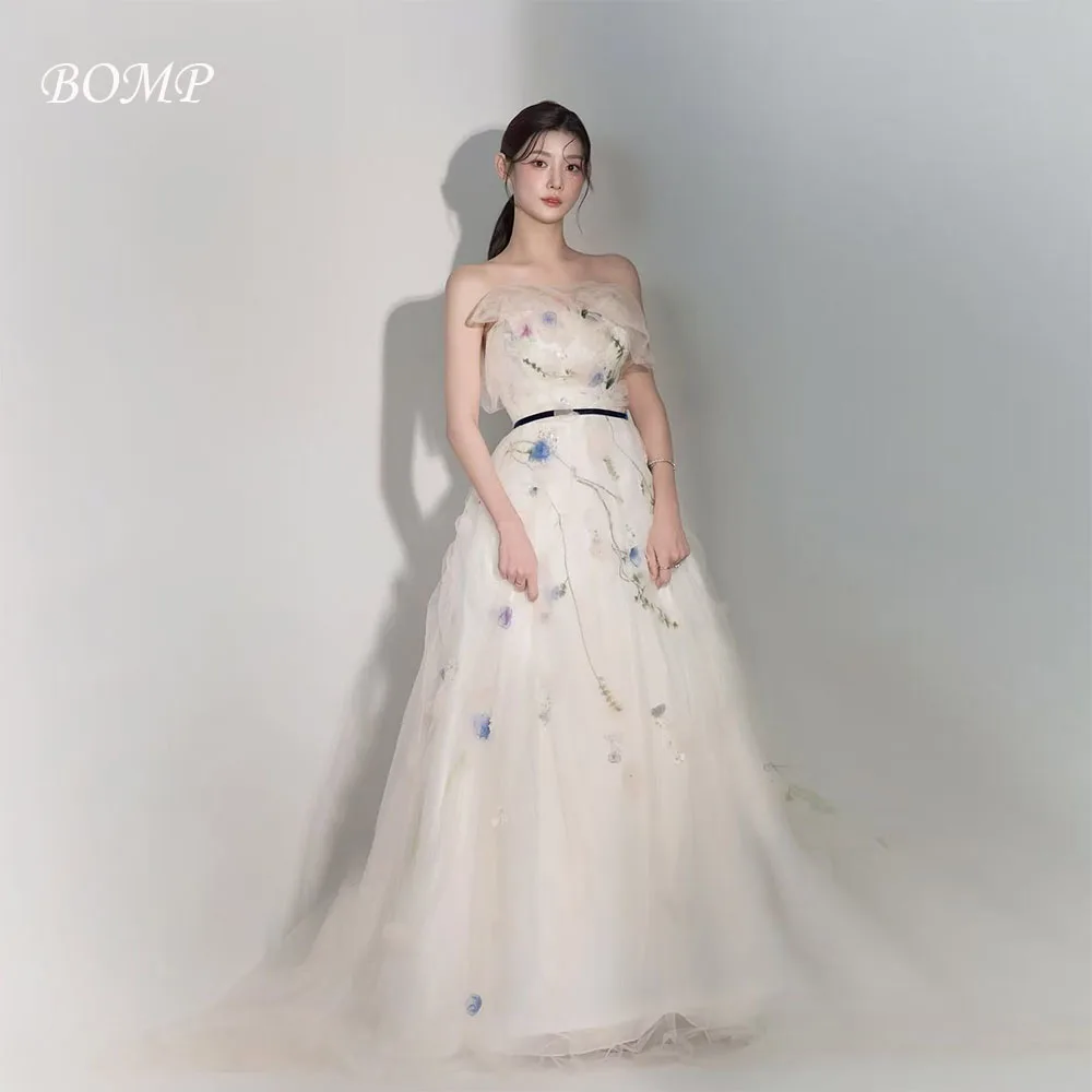 BOMP princesse fleurs robe de soirée de mariage sans bretelles a-ligne longueur de plancher Tulle corée séance Photo robe de mariée personnalisé Pastrol
