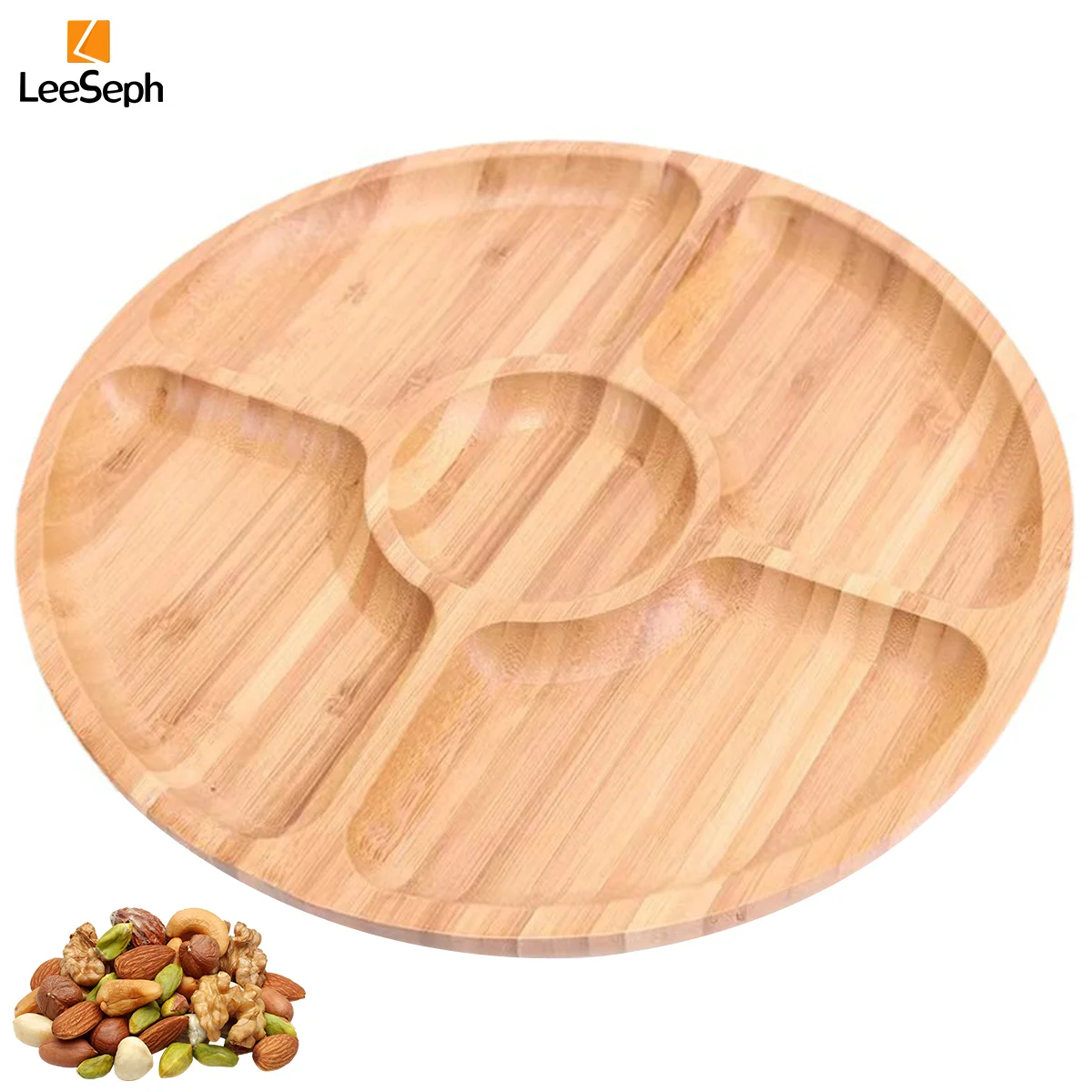 Bandeja redonda de bambú Leeseph para servir, 3 tamaños disponibles, ideal para aperitivos, frutas, nueces, con divisores para fiestas y uso diario