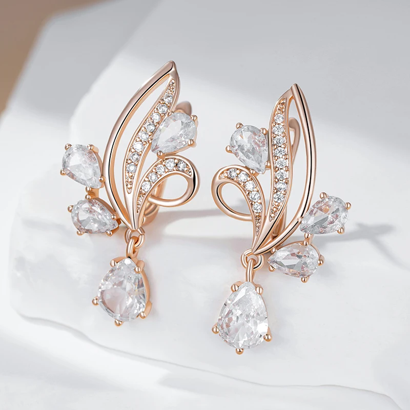 Kinel Hot Shiny Natural Zircon Flower Long Drop Earrings For Women Fashion 585 Rose Gold Color Ethnic Bridal Wedding Jewelry
