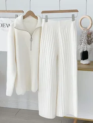 Autumn  Winter Zipper Sweaters Set Thickening Warm Knitted High Waist Women Pants Suit White Elegant Two Piece Set fall 2024