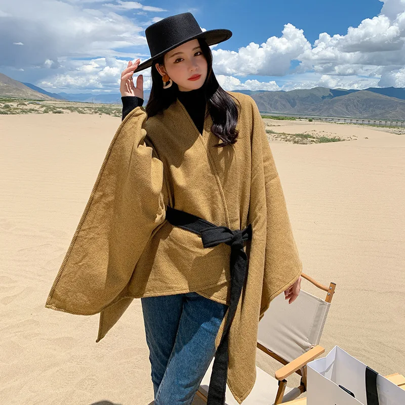 

Autumn Winter Travel Shawl Women's Imitation Cashmere Cloak Lace Up Coat Photograph Lace Poncho Lady Capes Khaki Cloaks