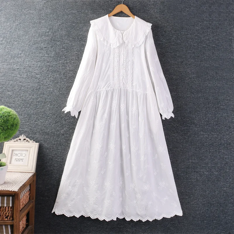 Sweet Lolita Mori Girl Lace Embroidery Cotton Linen Midi Dress Women Autumn Peter Pan Collar Long Sleeve Loose A-line Dresses