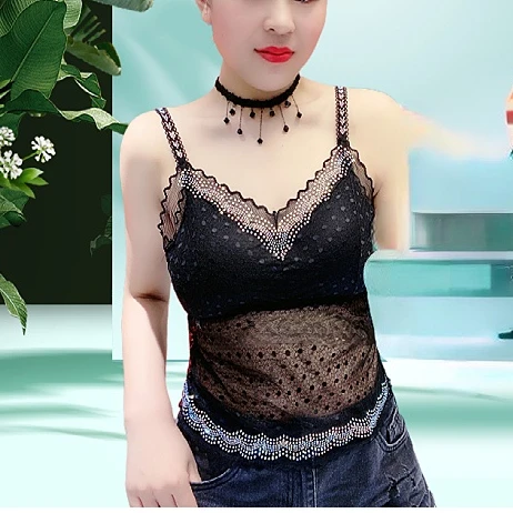 Women Back Butterfly Camis Summer Fashion Lace Mesh Strap Tops Women Sexy Korean rhinestones Tulle Camisole