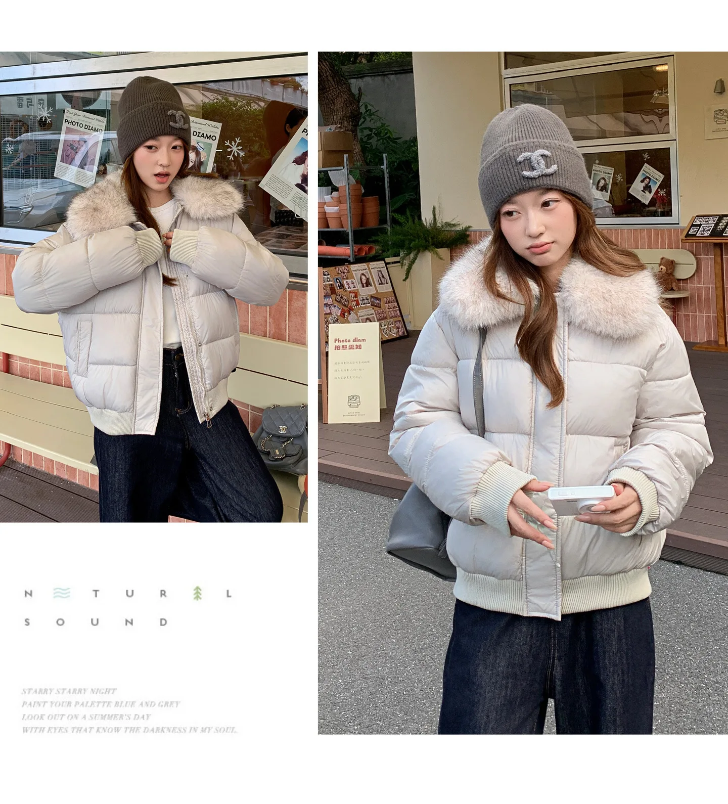 Korean Version Fashion Gray Long-sleeved Short Down Cotton Clothes Women's Winter New Removable Fur Collar Splicing Warm Jacket