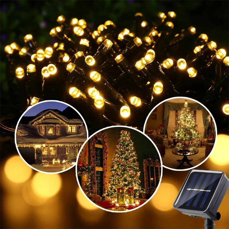 7M/12M LED Solar Lights, 100 Lights, Outdoor Waterproof Fairy Garland Lights, Christmas Party Decorations For Outside Warm White