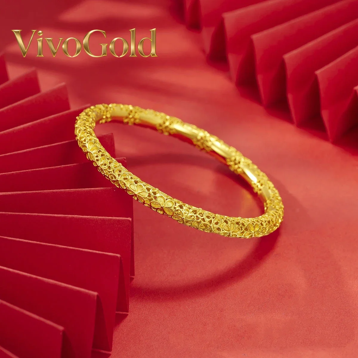 

VivoGold9999 24K real gold retro pattern bracelet women's national style hollow closed flower bracelet