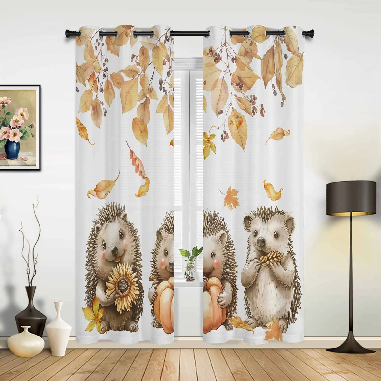 Autumn Leaves Pumpkin Mushroom Hedgehog Modern Window Curtains for Living Room Bedroom Curtain Kitchen Treatment Blinds Drapes