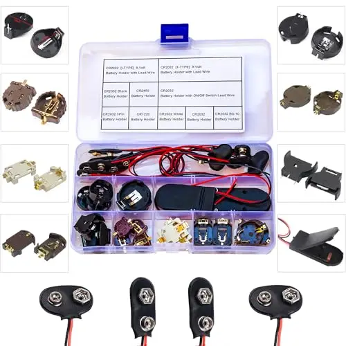 Assorted Battery Holder Kit CR2032 CR2450 CR1220 Button Coin Cell with Wires On/Off Switch I-Type & T-Type for Electronics DIY P
