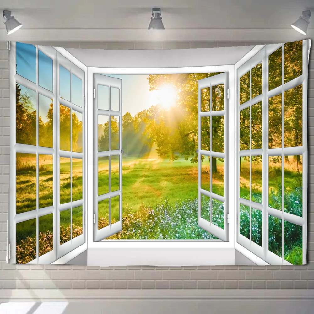 Imitation Window Forest Landscape Painting Tapestry Wall Hanging Bohemian Style Psychedelic Mandala Gothic Home Decor