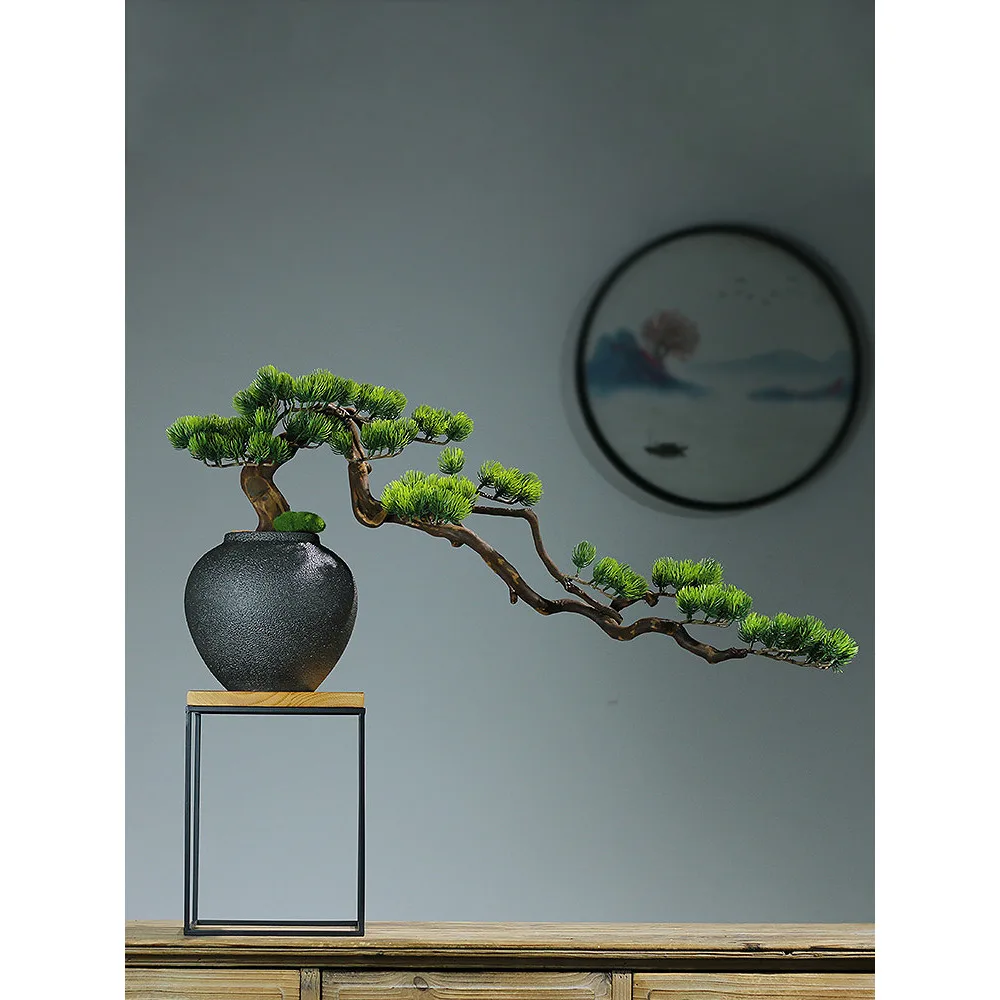 

New Chinese Style Simulated Green Plant Welcome Pine Bonsai Hotel Tea Room Desktop Porch Home Decoration Micro Landscape