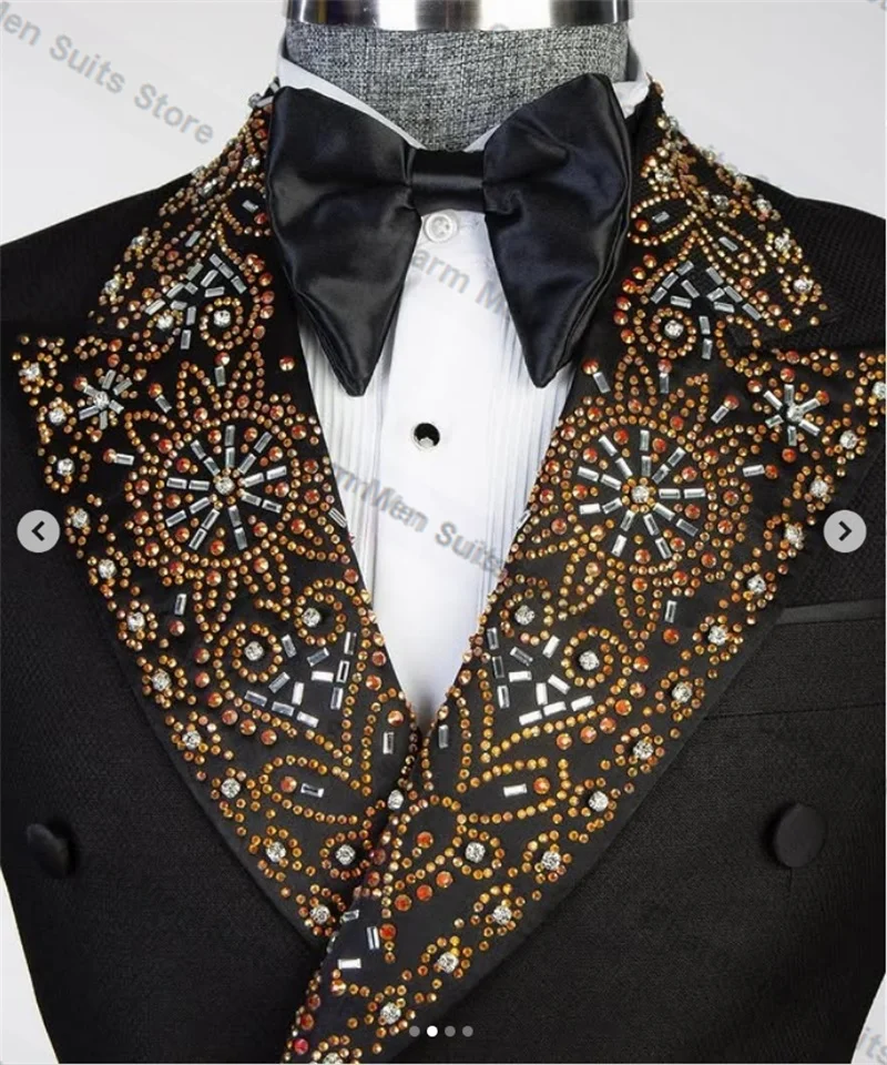 Crystals Black Men Suits Pants Set 2 Pieces Cotton Blazer+Trousers Customized Wedding Tuxedo Formal Office Wedding Prom Jacket
