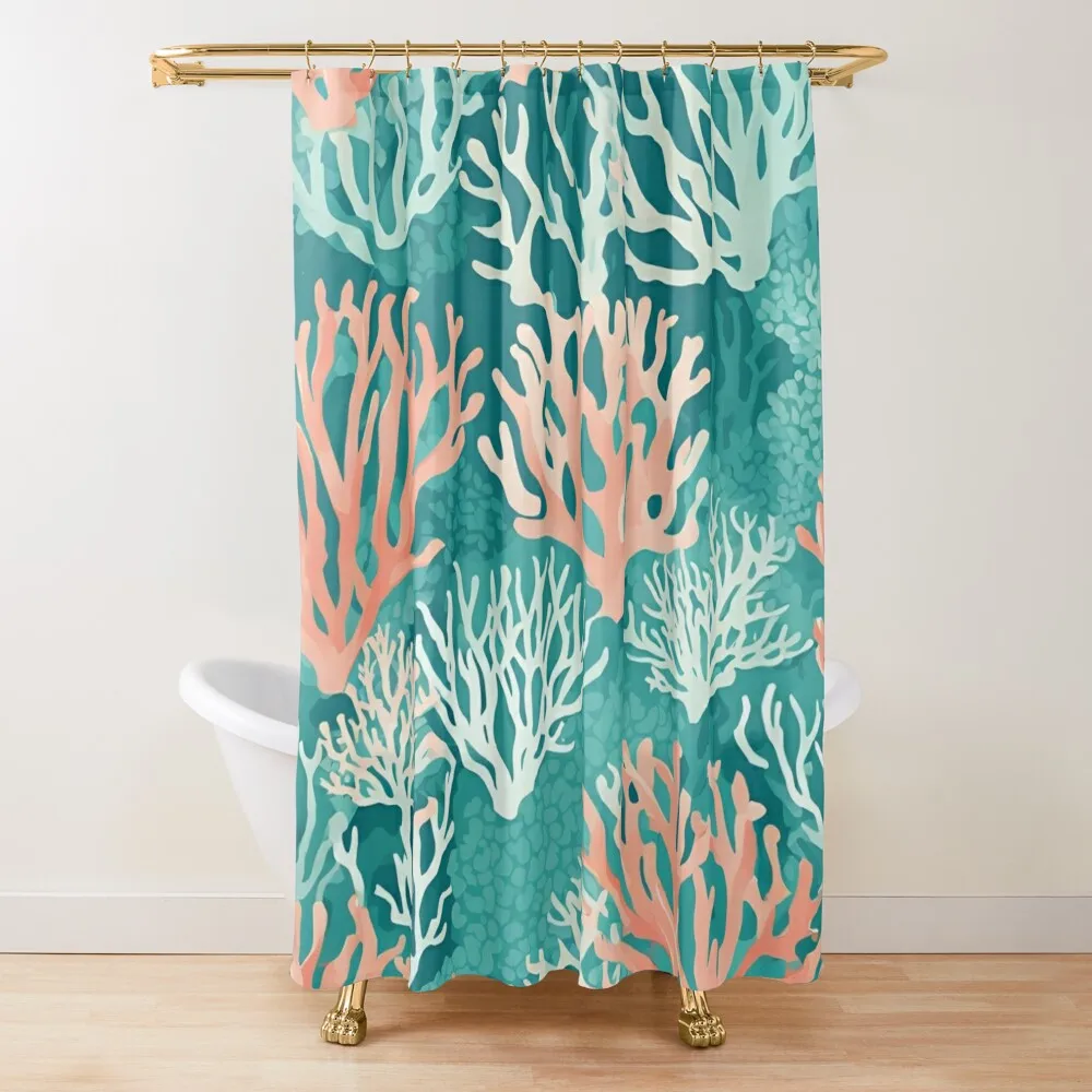

Teal Coral Reef Beach Watercolor Nautical Art Shower Curtain Bathroom Box Waterproof Shower And Anti-Mold Curtain
