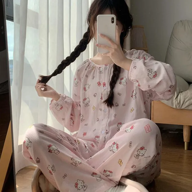 

Sanrio Hello Kitty Pajamas Set Sleepwear Women Students Home Wear Cute Cartoon Sweet Korean Spring Autumn Long Sleeve Cardigan