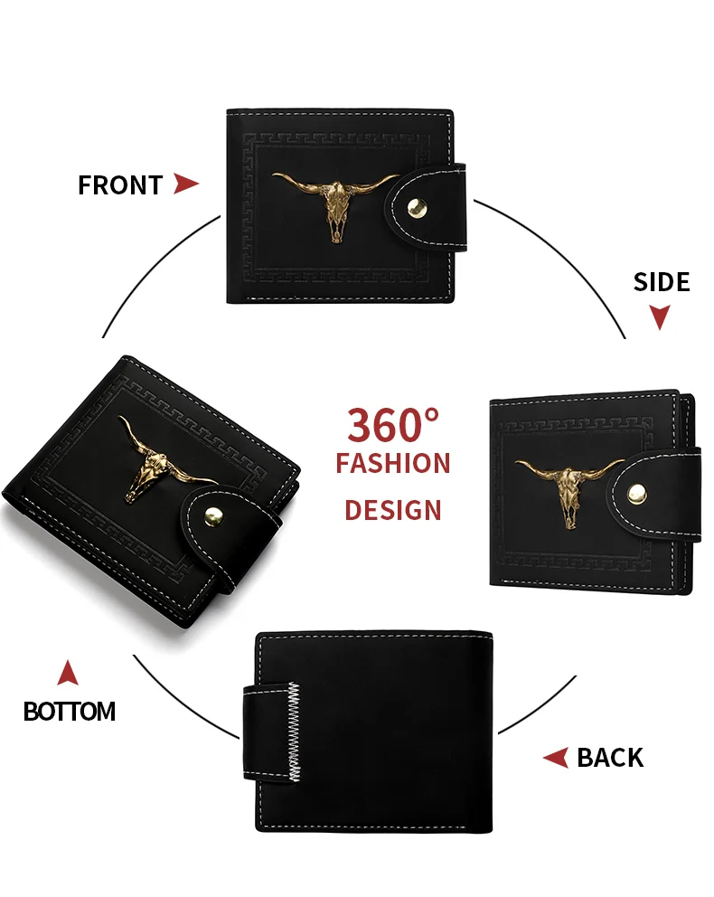 Neue Herren-Geldbörse, kurz, multifunktional, mit mehreren Kartenfächern, Metall-Bull-Label, Luxus-Geldbörse, Reißverschluss, Designer, kleine, schlanke Geldbörse – Detail 4