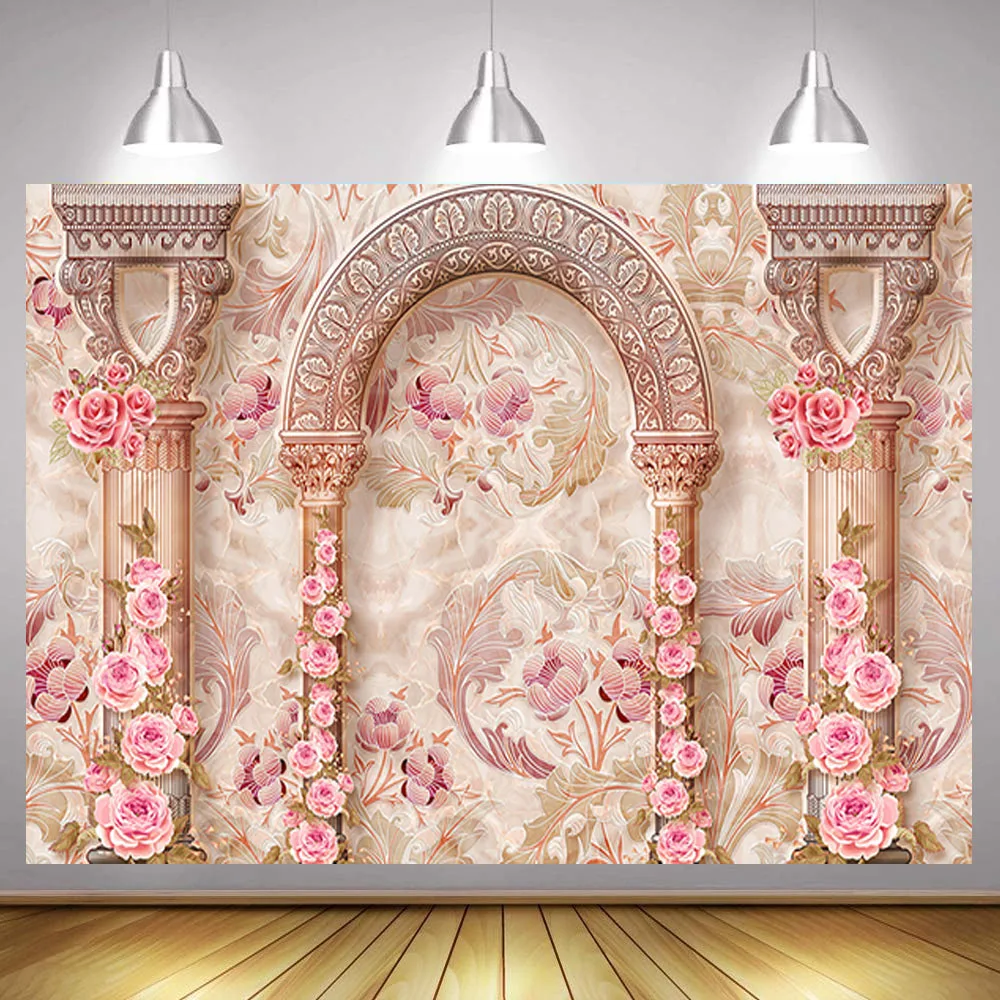 

Фон с сказочным замком, винтажная арка, столб, цветок, настенная роспись, фон для фотосъемки принцессы, день рождения, свадьба, фотостудия