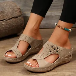 New 2023 Summer Women Wedge Slippers Plus Size Retro Flower Roman Sandals Woman Lightweight Non Slip Beach Slides Female