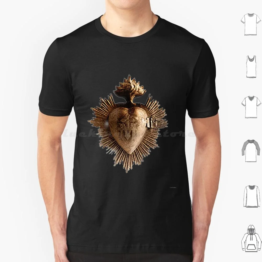 Camiseta Sagrado Corazón em Algodão para Homens e Mulheres, Impressão DIY do Sagrado Corazón, Dia dos Namorados, Coração Dourado