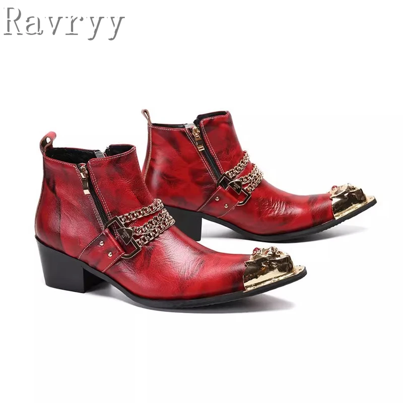 Luxury Design Meta Pointed Toe Chain Ankle Boots Men Genuine Leather Side Zipper Short Boots New Party Banquet Men's Shoes