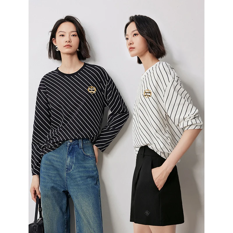 TOYOUTH Women Long Sleeve T-shirt 2024 Autumn New Striped Round Neck Pullover Fashion Versatile Tops