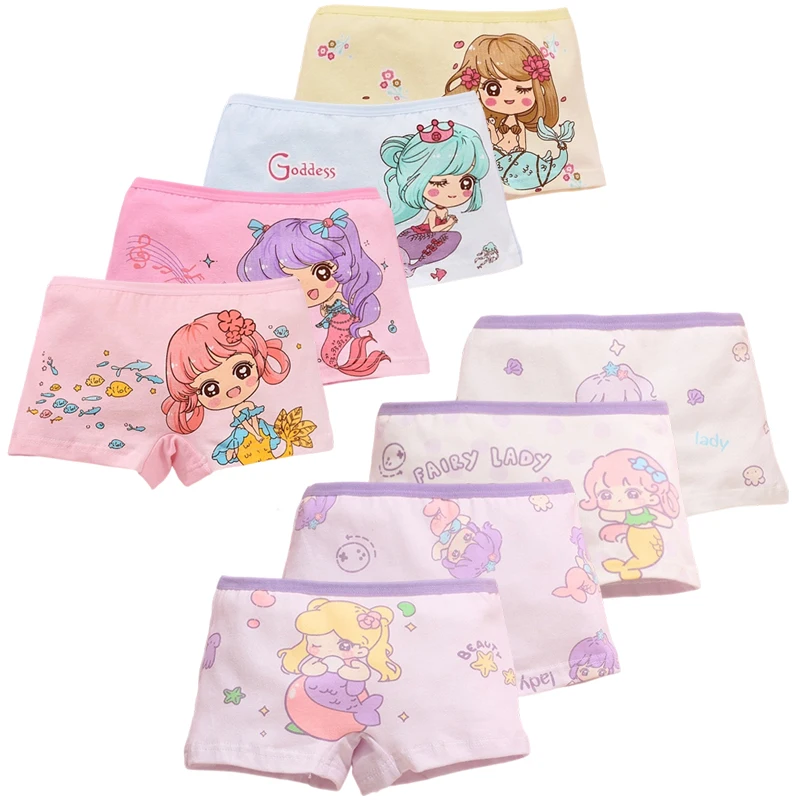 4-Pack Girls Cotton Panties Adorable Charming Mermaid Princess Print Children Boxers Trunks Comfortable Girls Boyshort Underwear