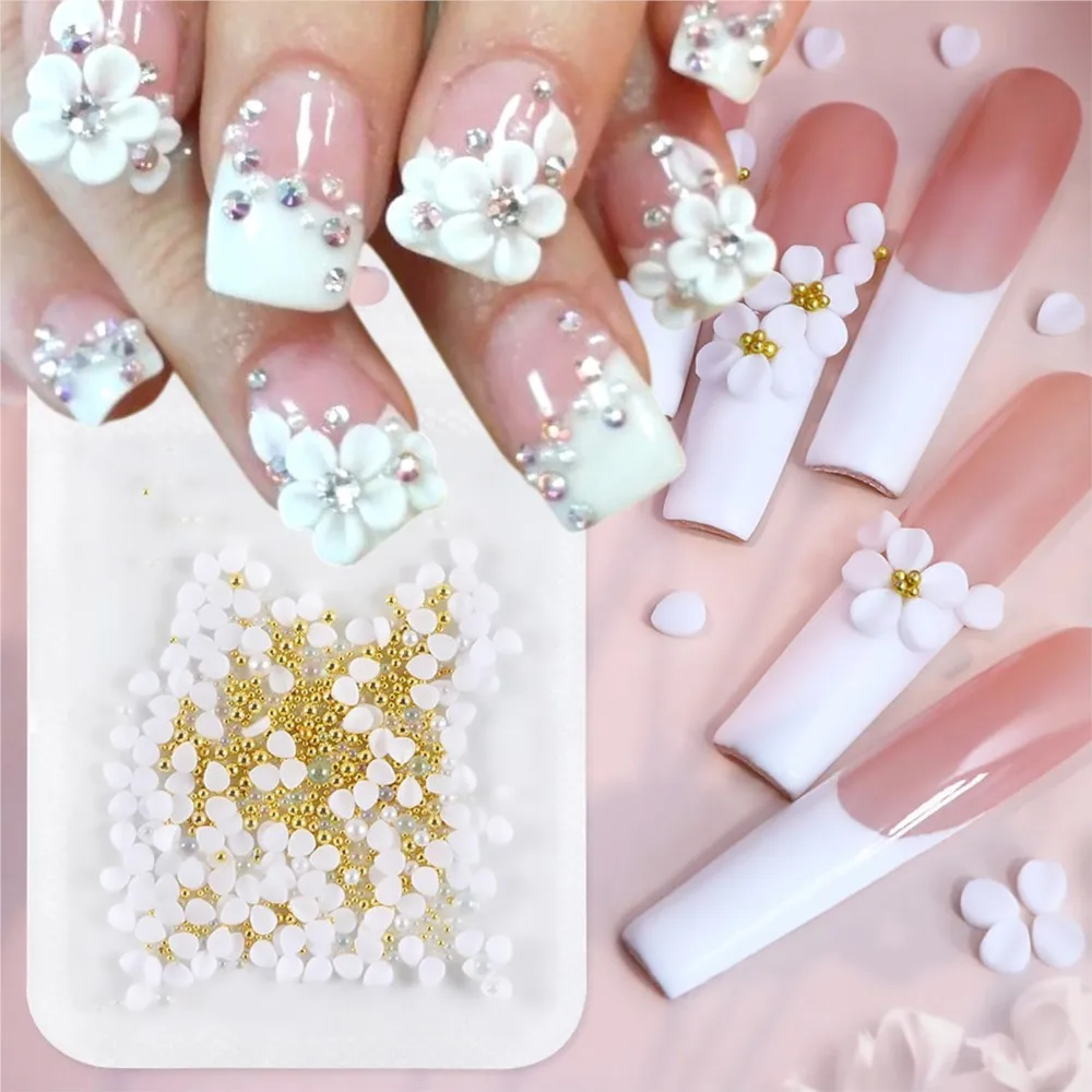 150Pcs 3D White Pink Flower Petal Nail Charms Acrylic Flower Pearl Nail Art Rhinestones Mixed Round Steel Beads Nail Gems Jewels