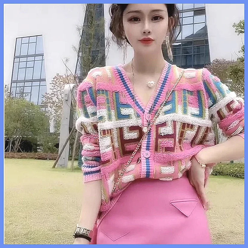 

French Retro V-Neck Plaid Sweater Jacket for Women, Contrast Trim Button Front Long Sleeve Blouse