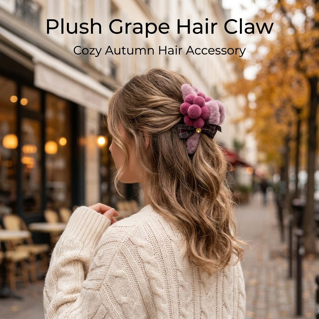 Hair Claw Clip Cute Autumn Winter Hair Accessory for Women Plush Grape Bows Non-slip Jaw Clip Soft Daily Wear Headband