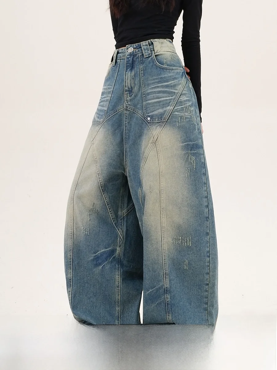 

Lazy n Women's Jeans Loose Fit Retro Patchwork Wide Leg Pants Versatile Spring Autumn Wear Comfortable Casual Denim