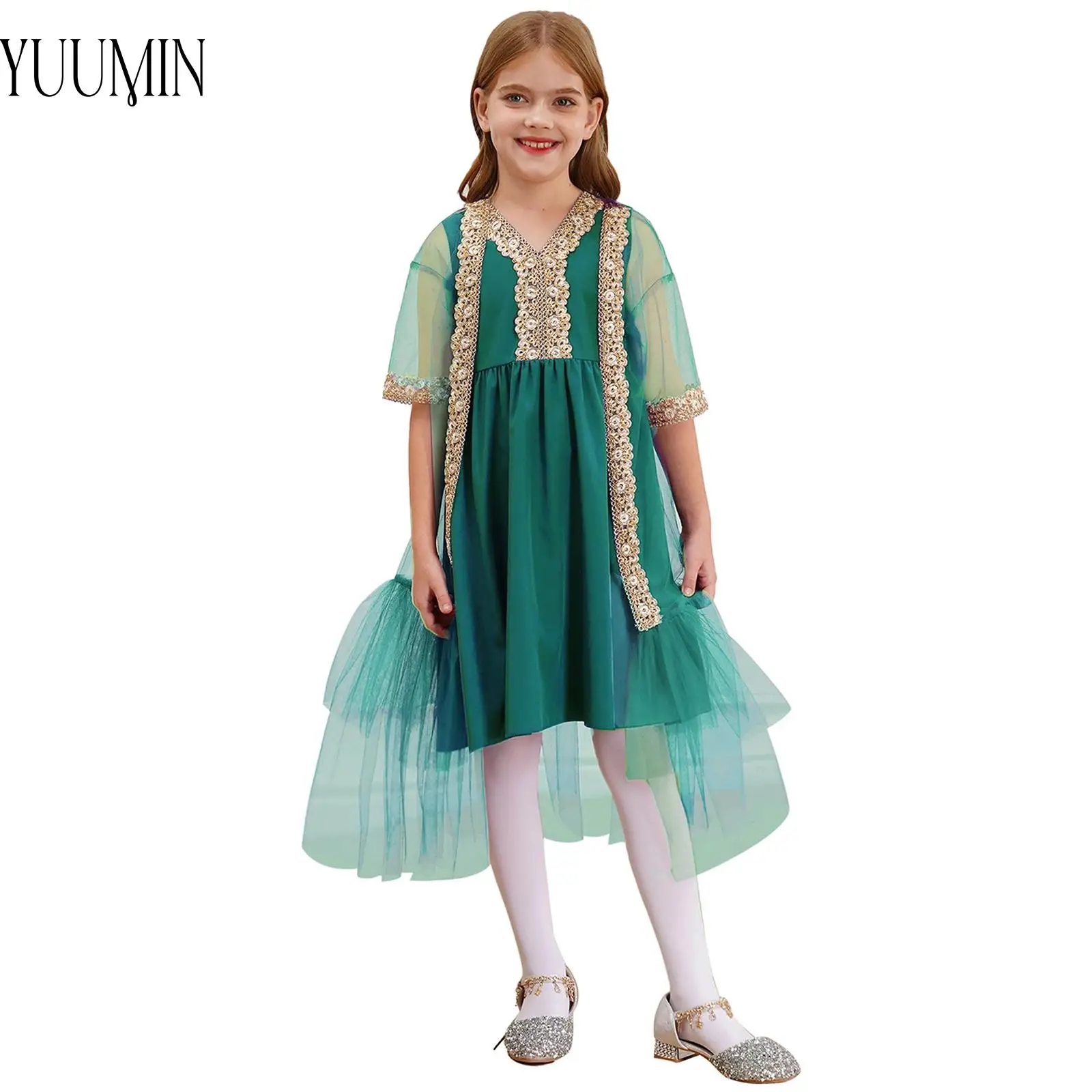 

Kids Girls Ballet Dance Dress Dancing Party Outfit Embroidered Applique Ruffled Dress with Short Sleeve Open Front Tulle Cloak