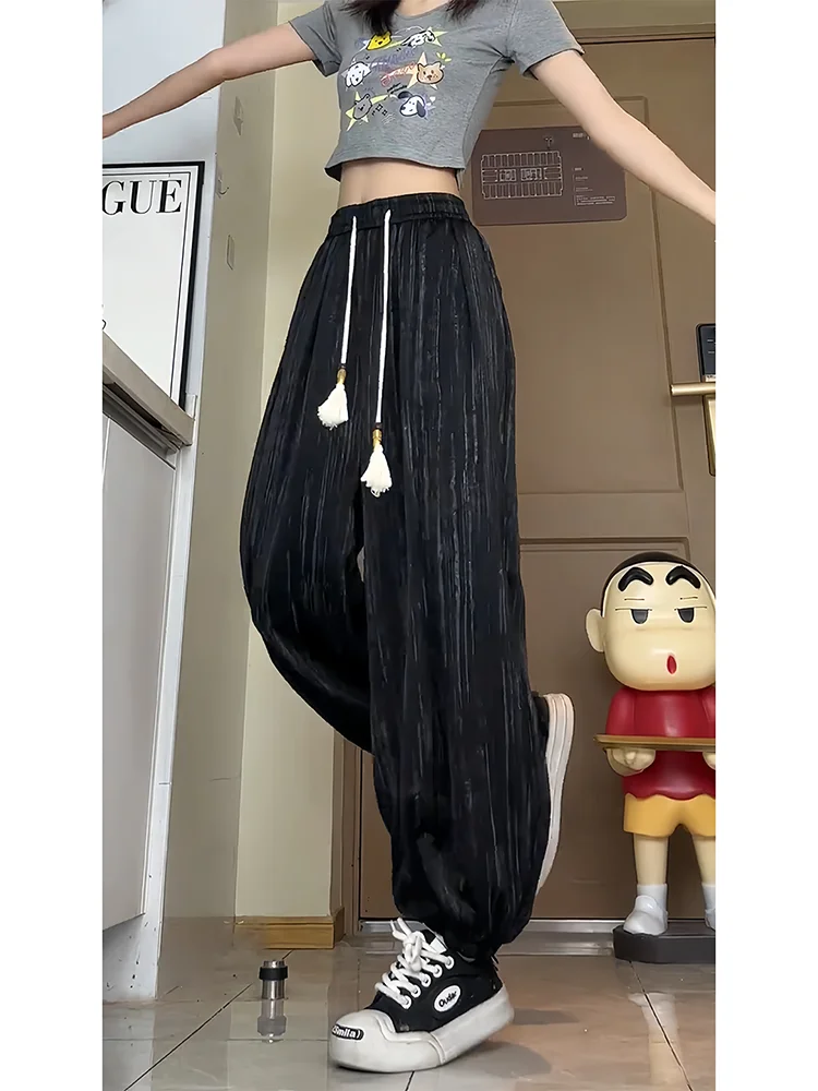 

New Chinese Sle Ice Silk Wide Leg Pants Men Summer Thin Drape Straight Casual Loose Trousers Lantern Pants Loose Cuff