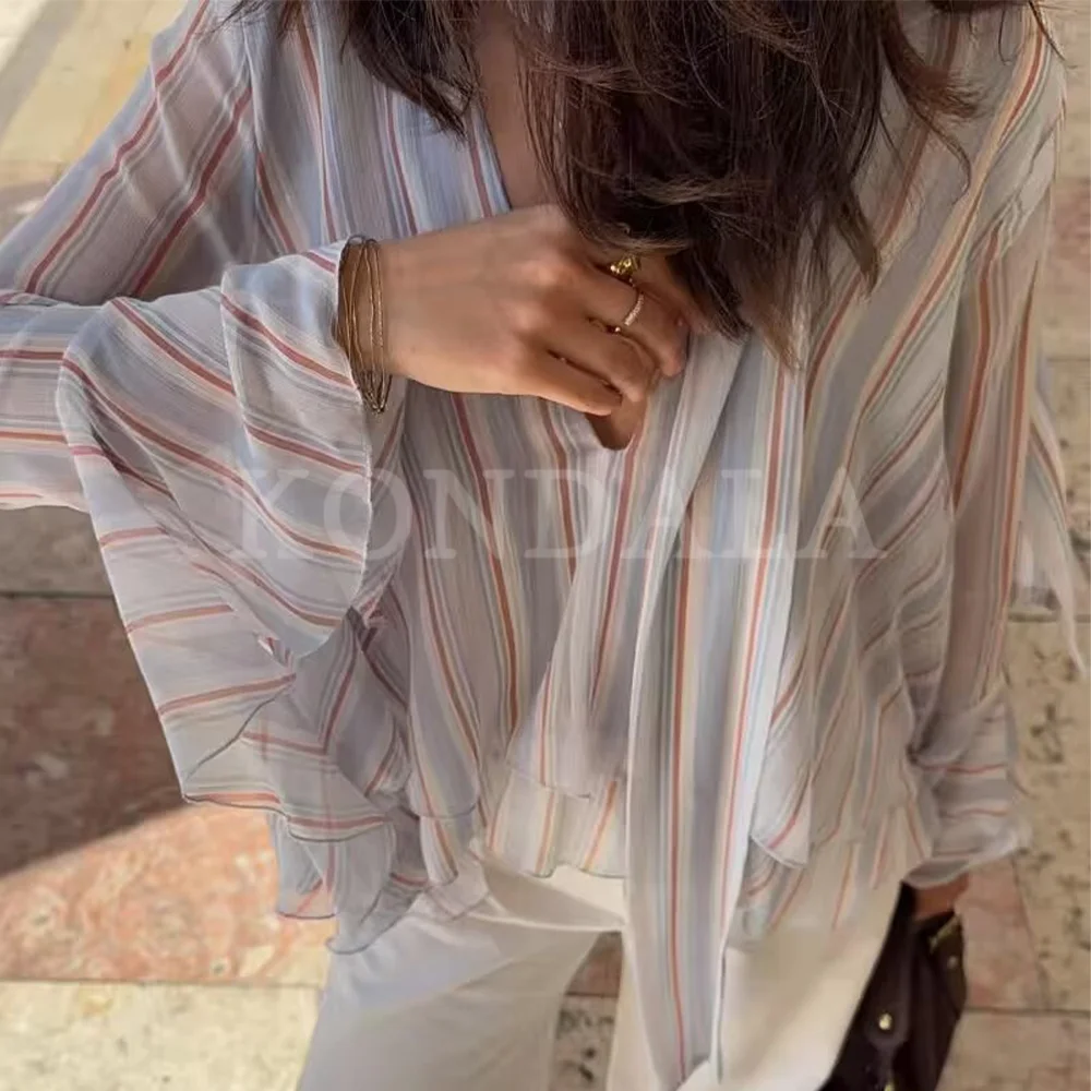 

KONDALA 2026 Spring Summer Elegant Striped Women Striped Thin Shirts Fashion Vacation Graduation Party Ladies Chic Shirts