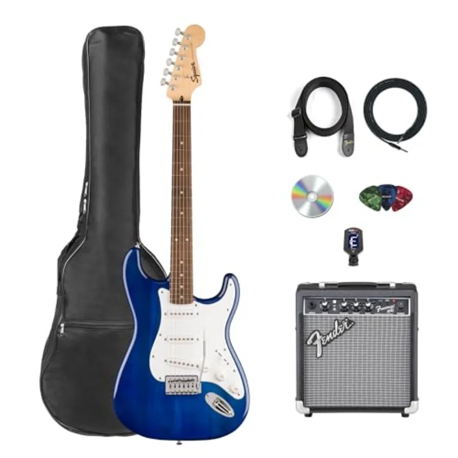 Squier Sonic Stratocaster - Paquete Azul Zafiro Transparente con Amplificador Frontman 10g, Funda, Cable para Instrumento, Correa, Afinador