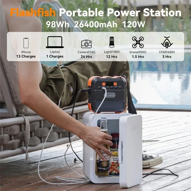 Estación de energía portátil recargable de 120W, 26400mAh, 98Wh, generador Solar, Banco de energía LED para avión, Camping, Dron, batería para ordenador portátil