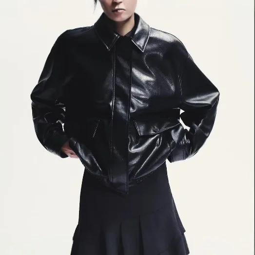 Women's Loose ort Biker Pilot PU Leather Jaet 2025 New Autumn Vintage Sle Pure Color Faion Outerwear Coat