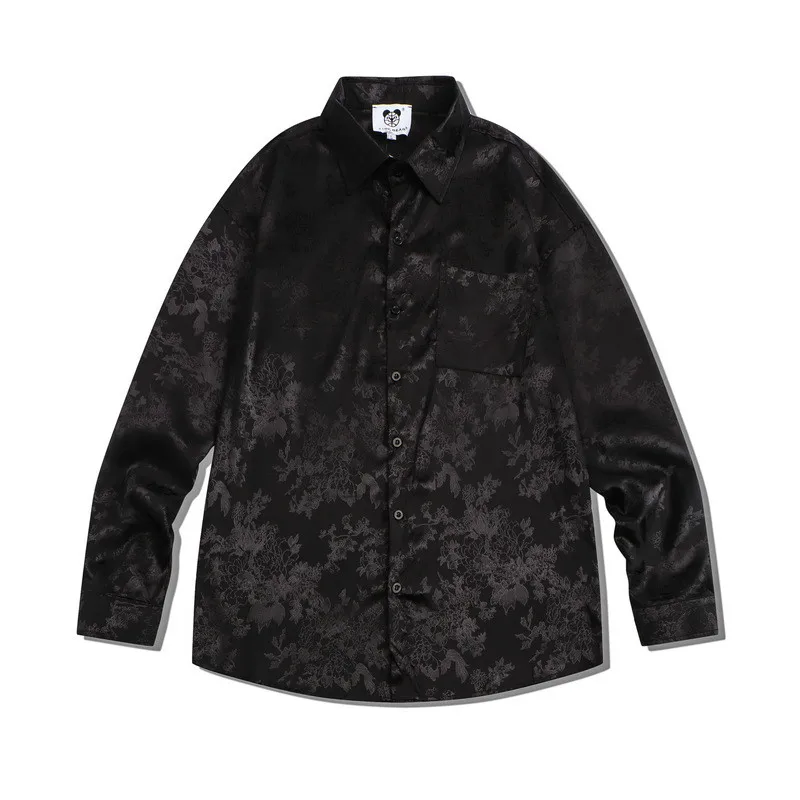 Autumn Man Vintage Jacquard Embroidery Social Black Shirts Luxury Men's Oversized Long Sleeve Shirt Fashion Casual Chemise Homme