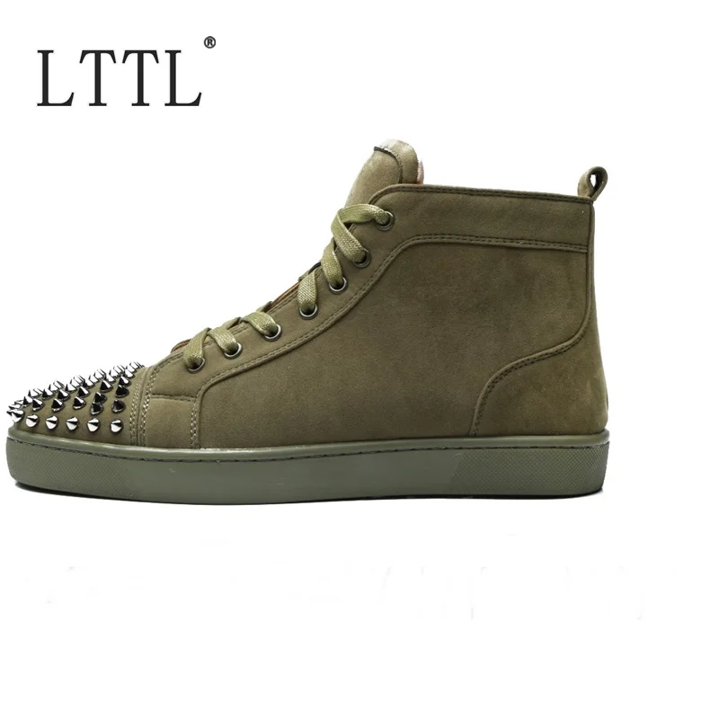 Luxury Brand Green Suede Sneakers Men Casual Shoes High Quality Rivet Shoes Men Lace-up Leather Shoes Mens Sneakers