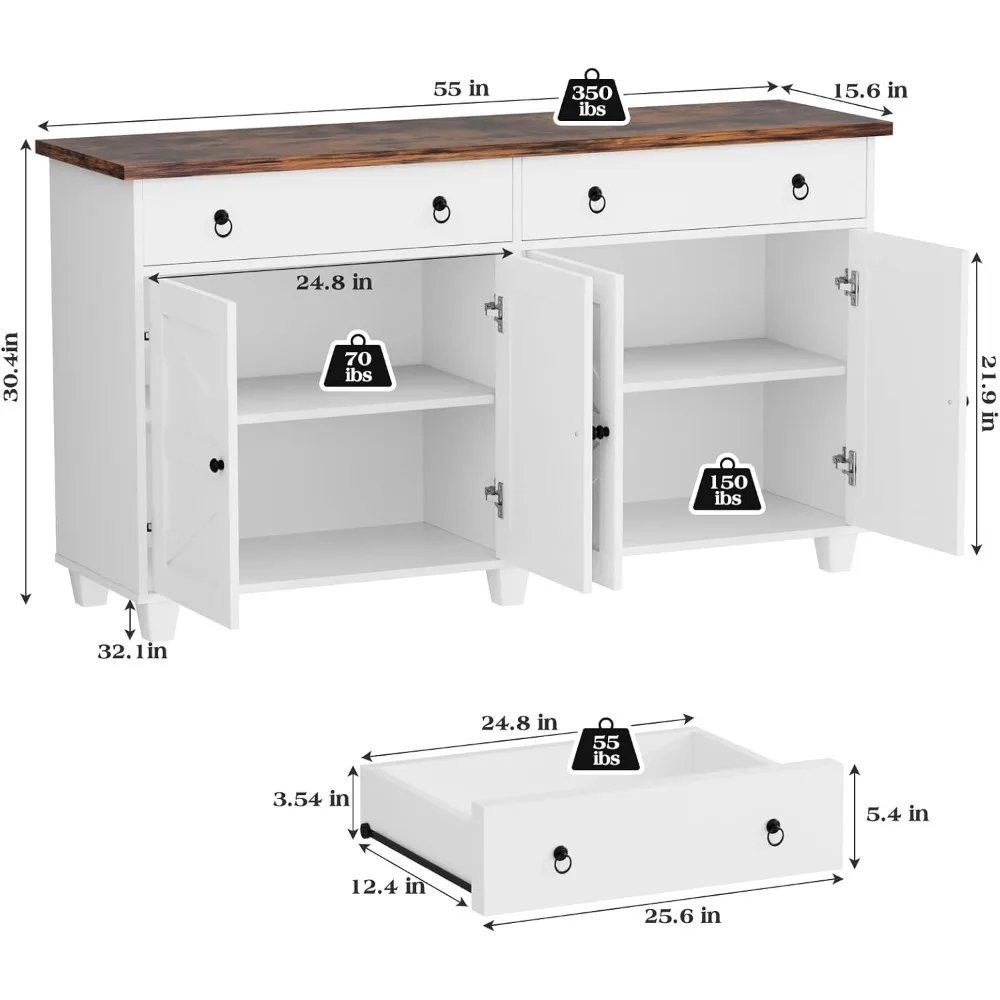 Buffet Cabinet with Storage, 55”Large Coffee Bar Cabinet with 2 Drawers and 4 Barn Doors, Adjustable Shelf, Living Room, White