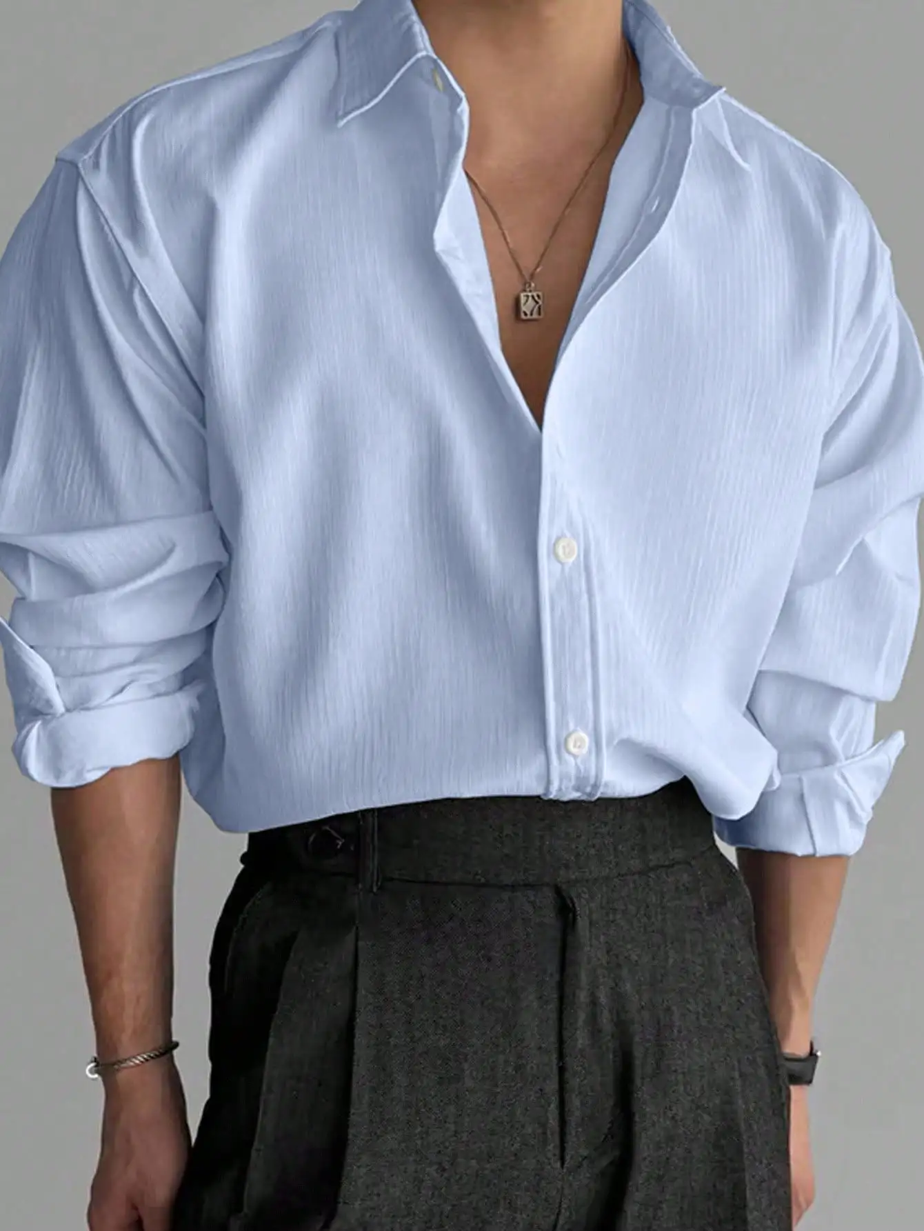 

Men's Oversized Business Casual Shirt Brand Vertical Striped Textured Fabric Polyester Light Blue Multi Color Shirts S-2XL