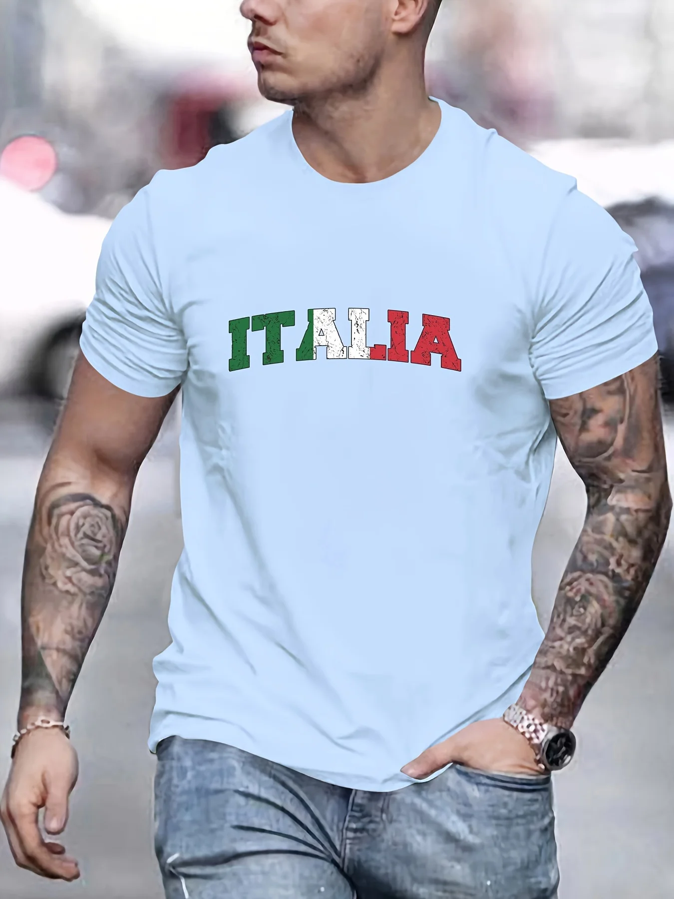 Men\'s Summer 100% Cotton Italia Comfortable Breathable Casual Fashion Print Loose Large Casual Round Neck Short Sleeve T-shirt